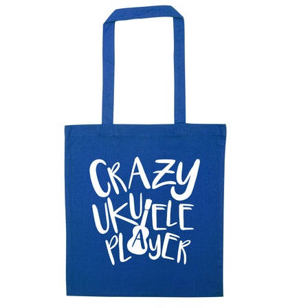 Crazy ukulele player blue tote bag