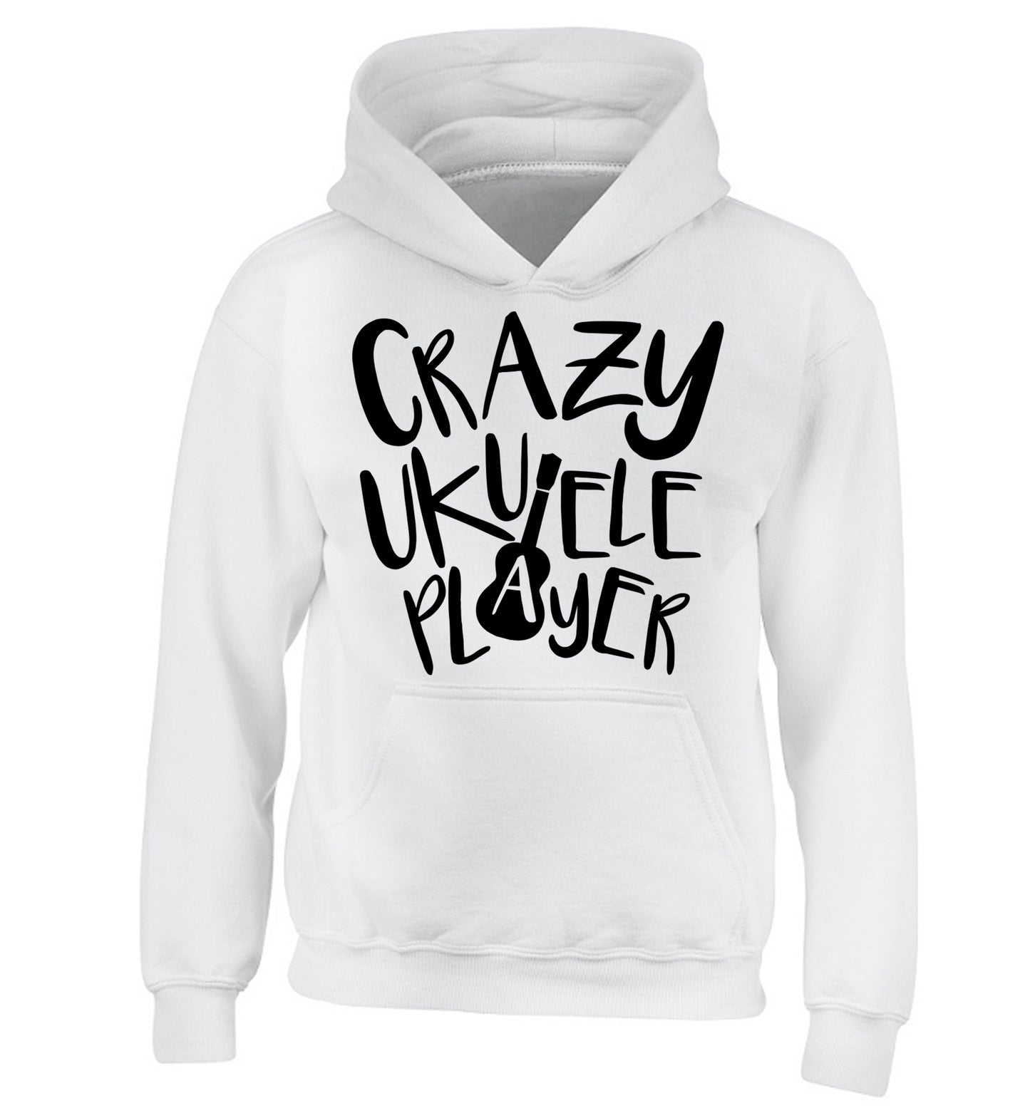 Crazy ukulele player children's white hoodie 12-14 Years