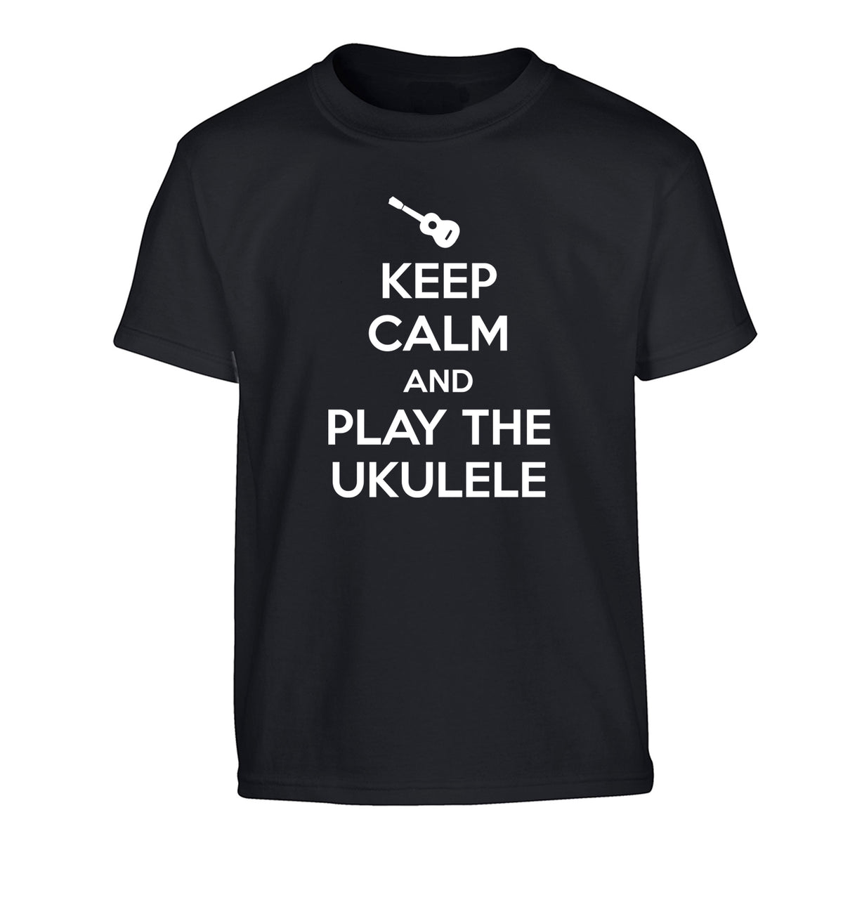 Keep calm and play the ukulele Children's black Tshirt 12-14 Years