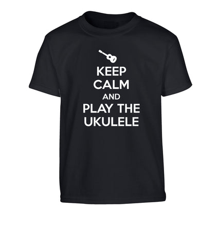 Keep calm and play the ukulele Children's black Tshirt 12-14 Years