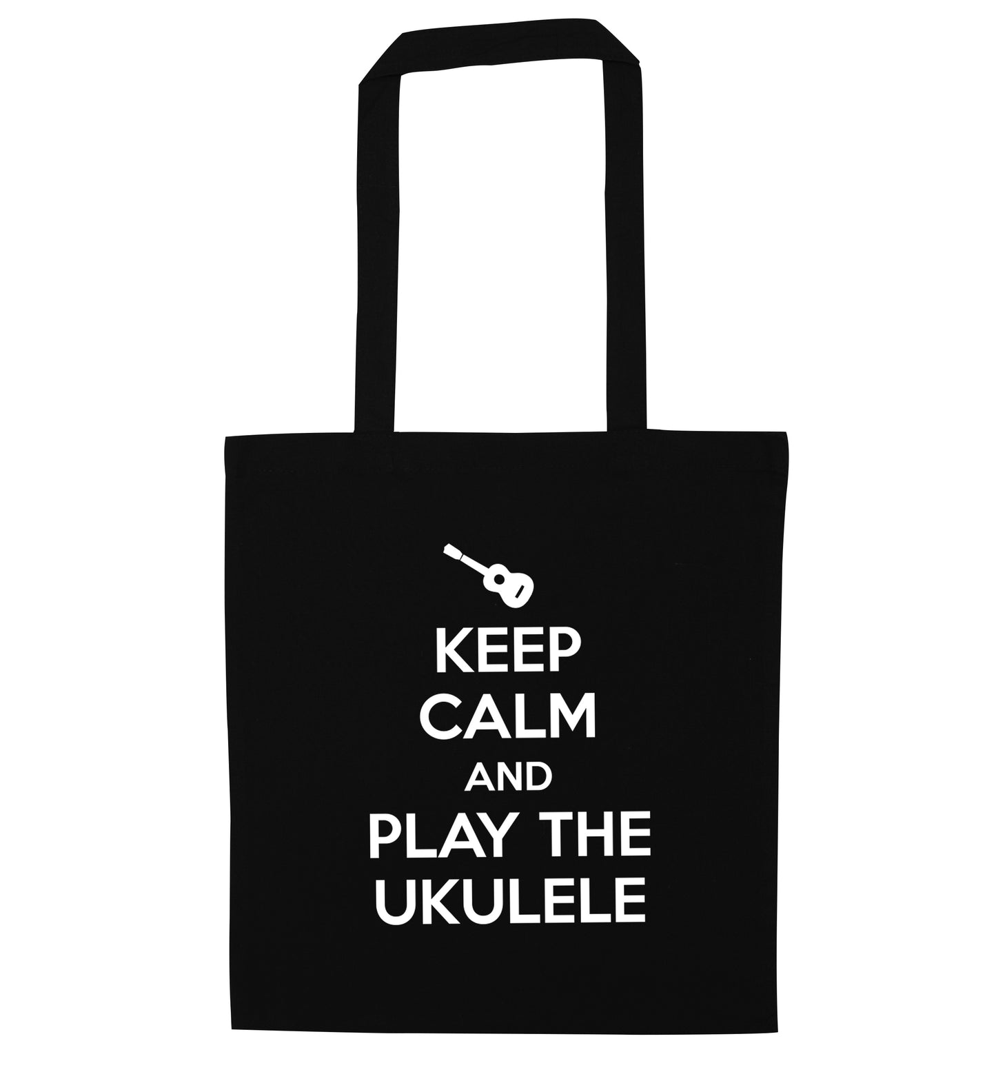 Keep calm and play the ukulele black tote bag
