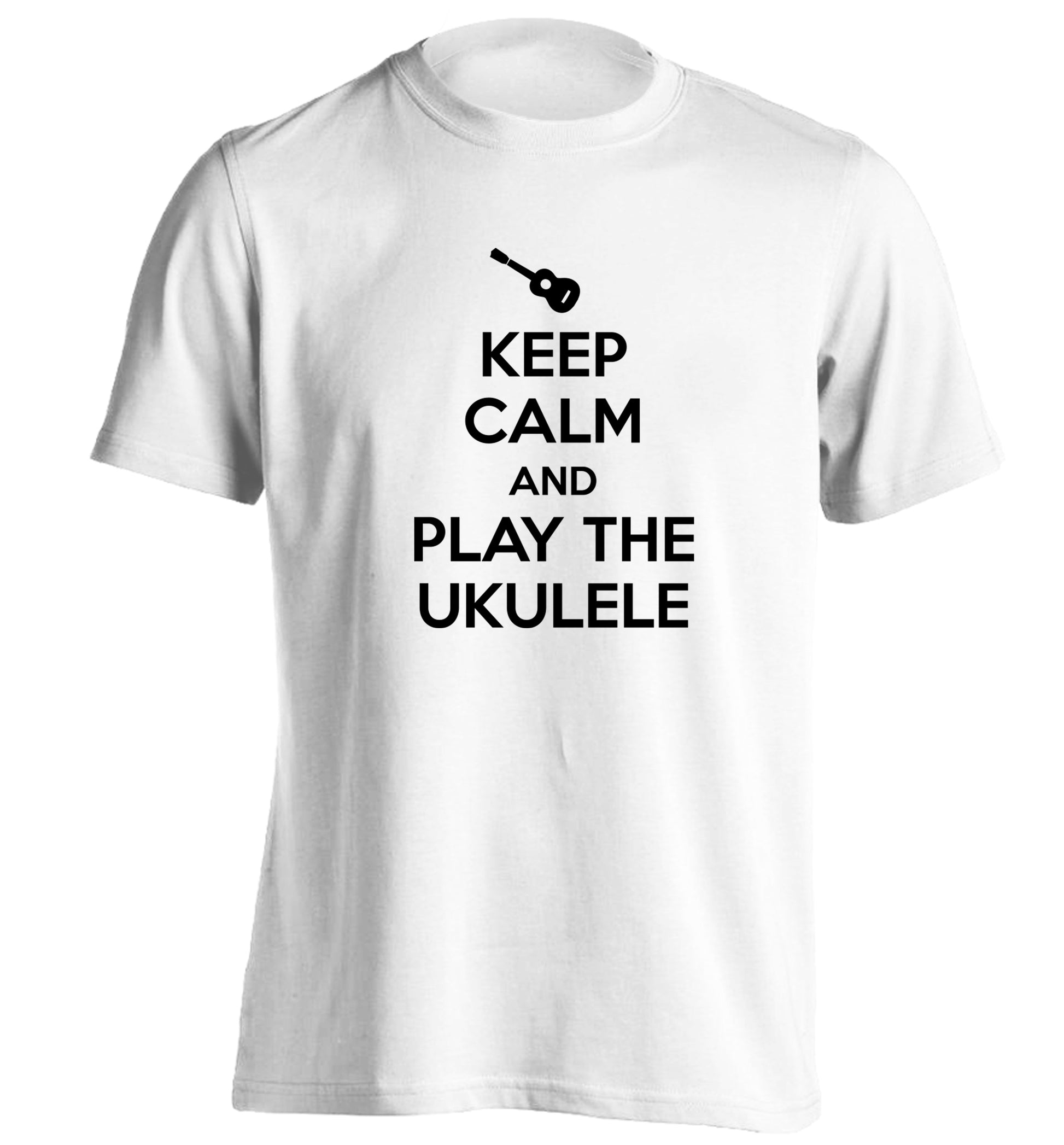 Keep calm and play the ukulele adults unisex white Tshirt 2XL