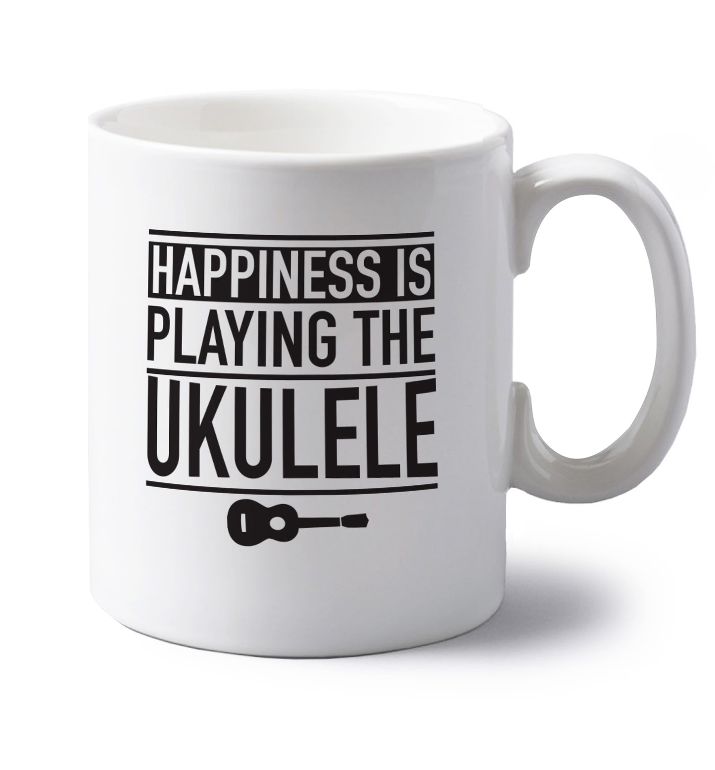 Happines is playing the ukulele left handed white ceramic mug 