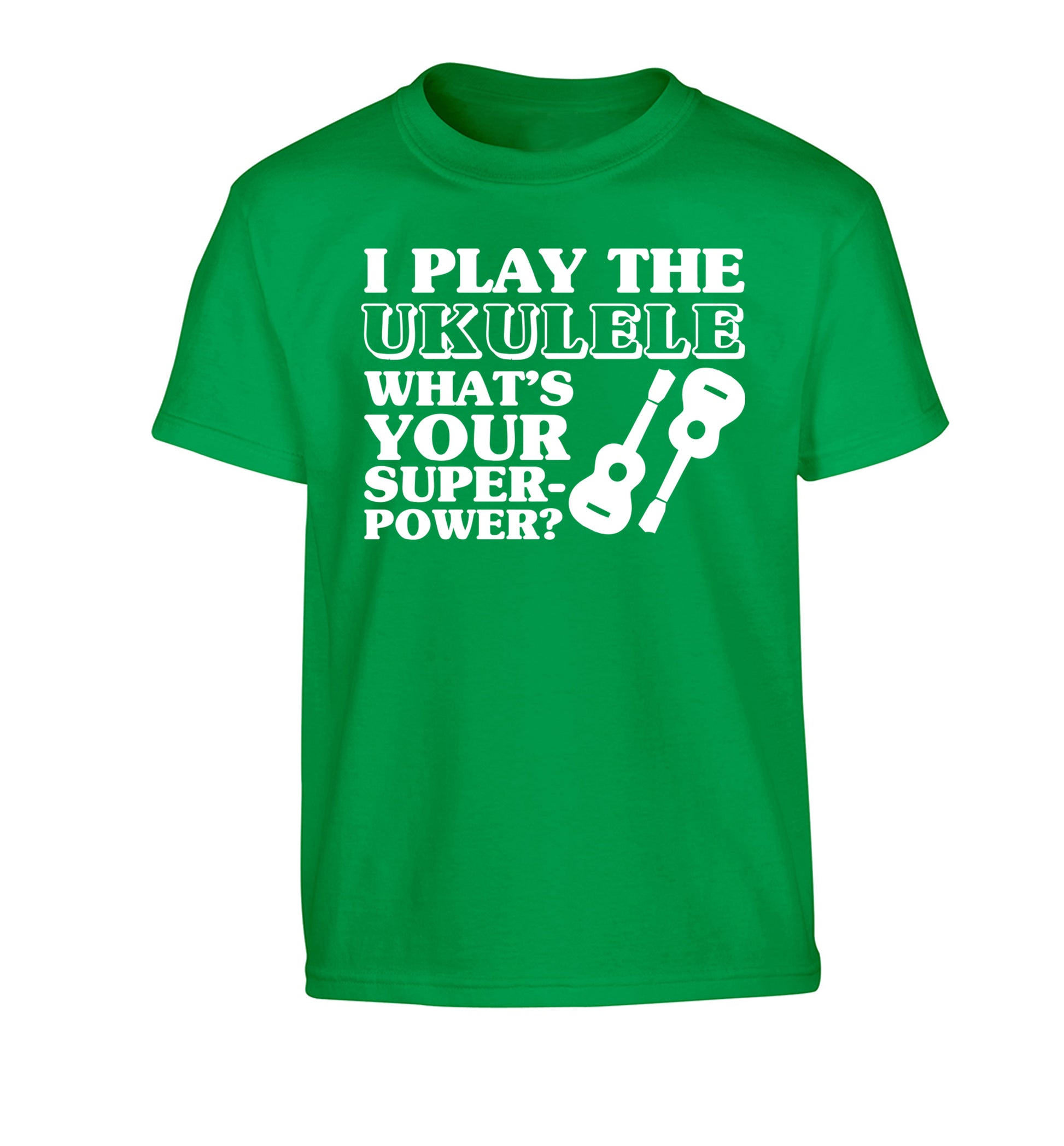 I play the ukulele what's your superpower? Children's green Tshirt 12-14 Years
