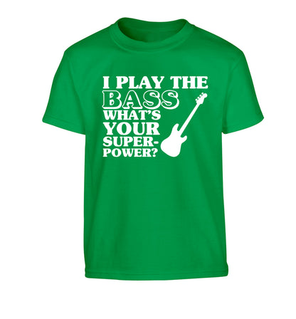 I play the bass what's your superpower? Children's green Tshirt 12-14 Years