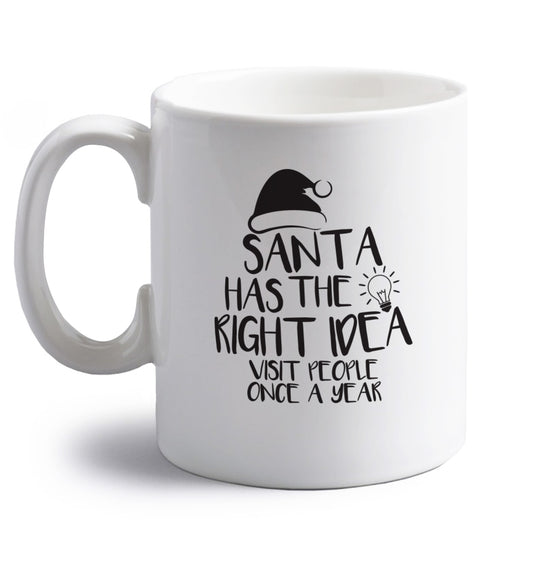 Santa has the right idea visit people once a year right handed white ceramic mug 