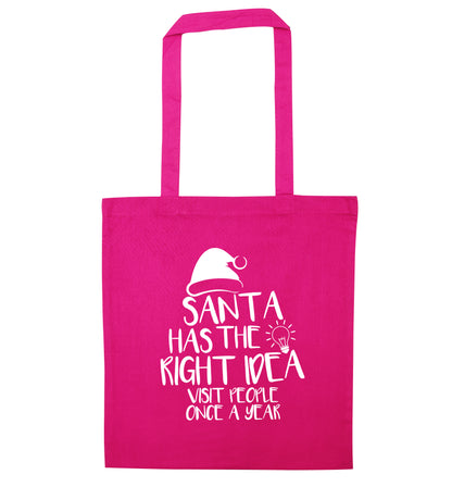 Santa has the right idea visit people once a year pink tote bag