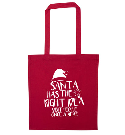 Santa has the right idea visit people once a year red tote bag