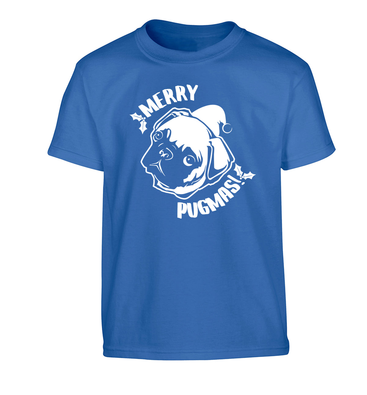 Merry Pugmas Children's blue Tshirt 12-14 Years