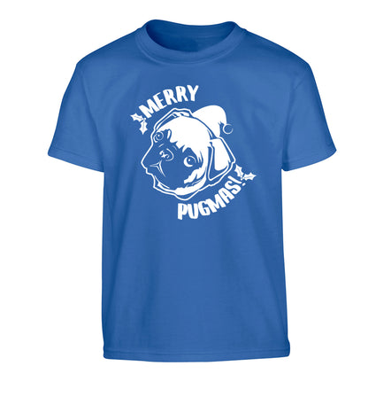 Merry Pugmas Children's blue Tshirt 12-14 Years