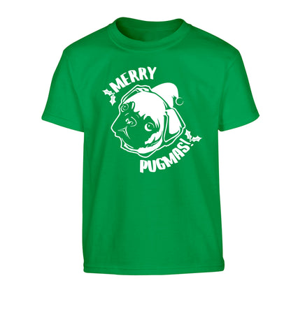 Merry Pugmas Children's green Tshirt 12-14 Years