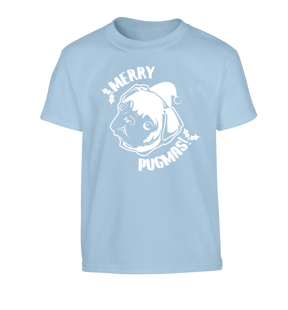 Merry Pugmas Children's light blue Tshirt 12-14 Years
