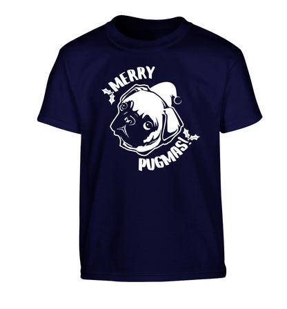 Merry Pugmas Children's navy Tshirt 12-14 Years