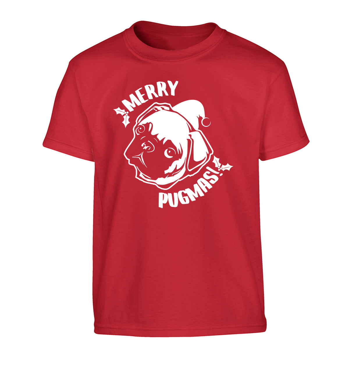 Merry Pugmas Children's red Tshirt 12-14 Years