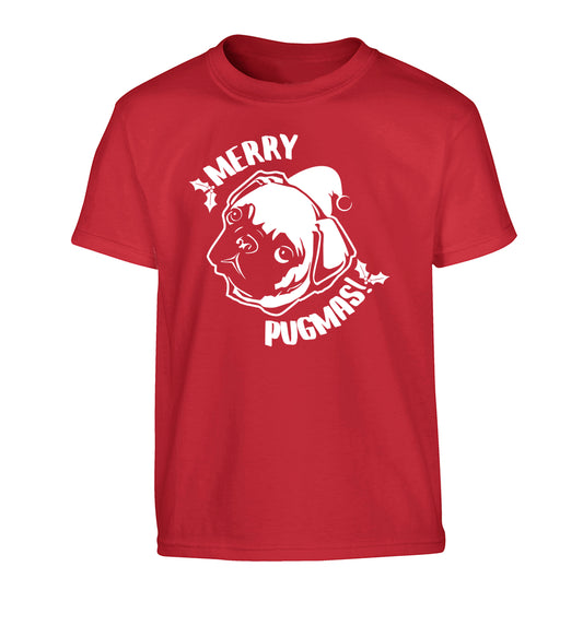 Merry Pugmas Children's red Tshirt 12-14 Years