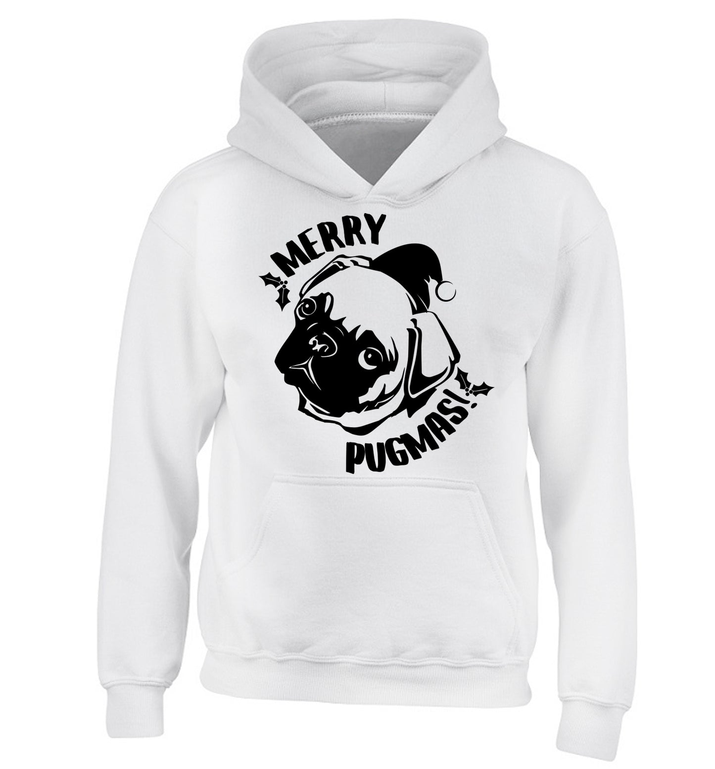 Merry Pugmas children's white hoodie 12-14 Years