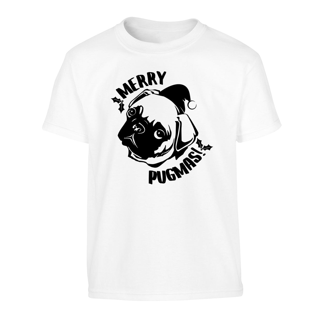 Merry Pugmas Children's white Tshirt 12-14 Years