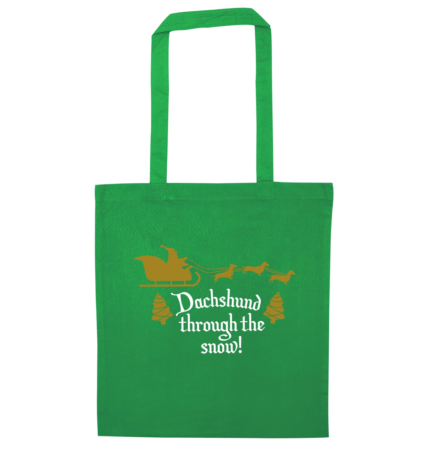 Dachshund through the snow green tote bag