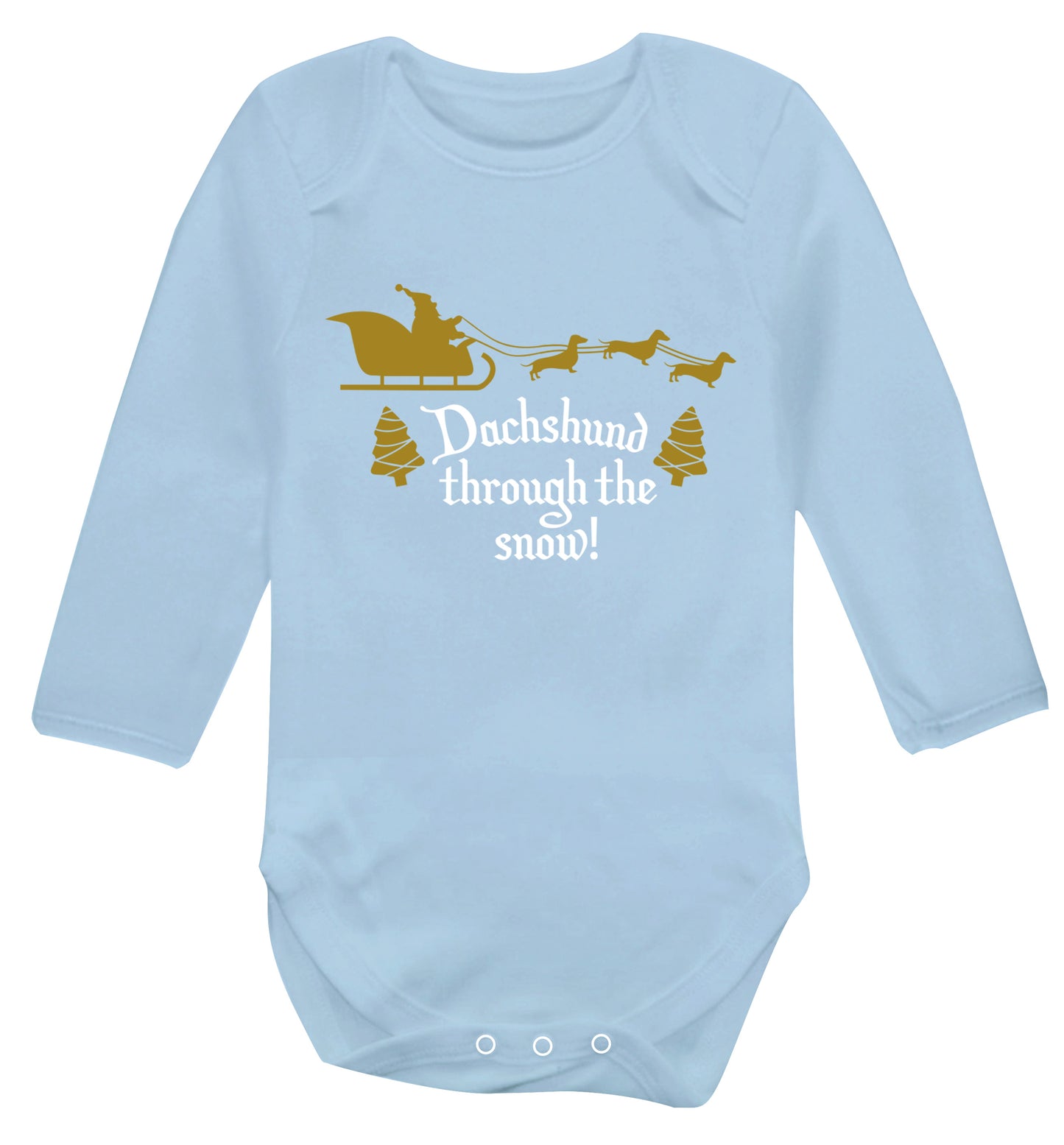 Dachshund through the snow Baby Vest long sleeved pale blue 6-12 months