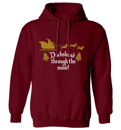 Dachshund through the snow adults unisex maroon hoodie 2XL