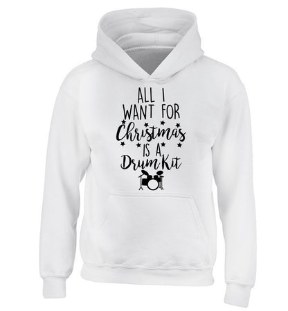 All I want for Christmas is a drum kit! children's white hoodie 12-14 Years