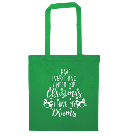 I have everything I need for Christmas I have my drums! green tote bag