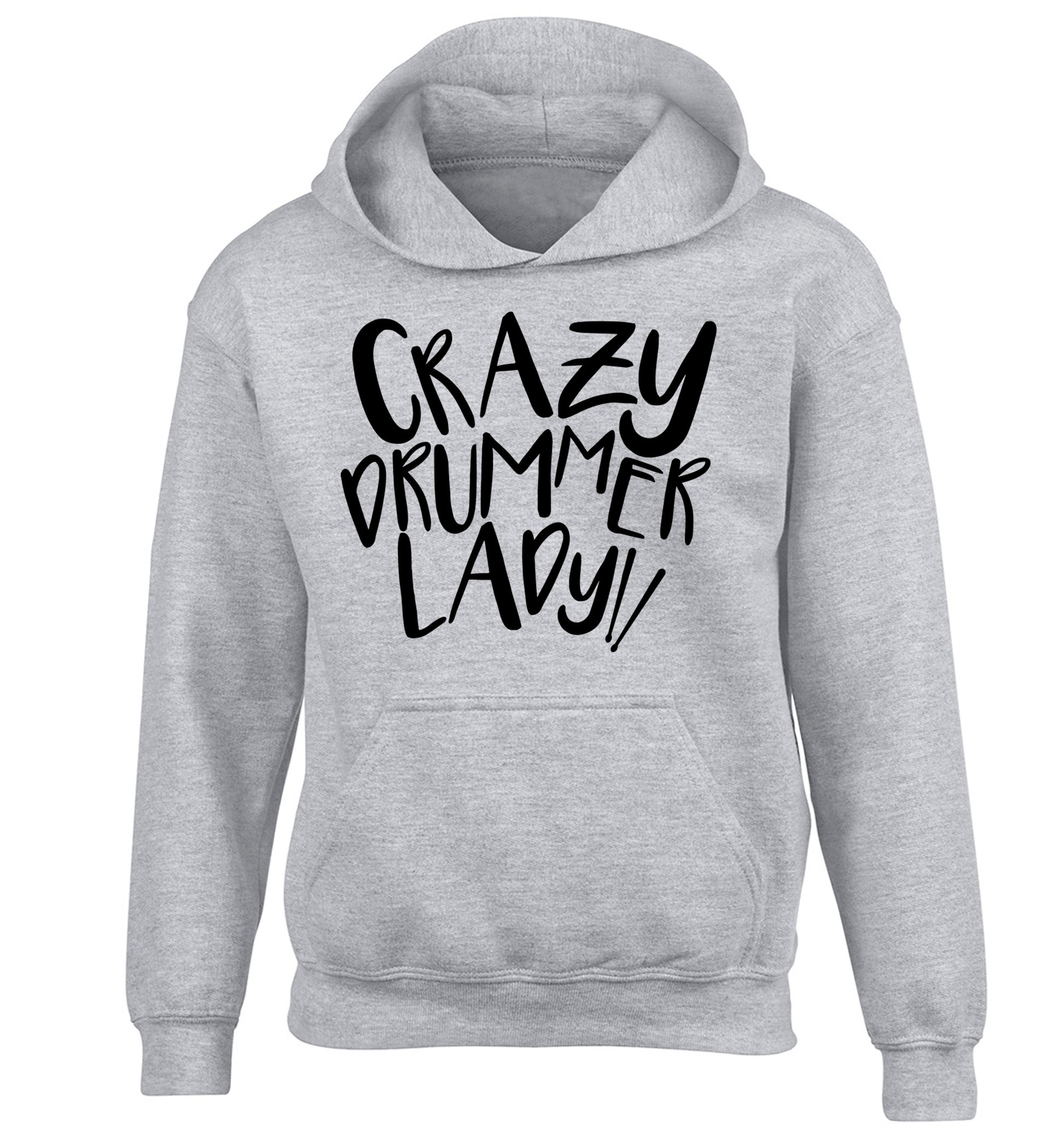 Crazy drummer lady children's grey hoodie 12-14 Years