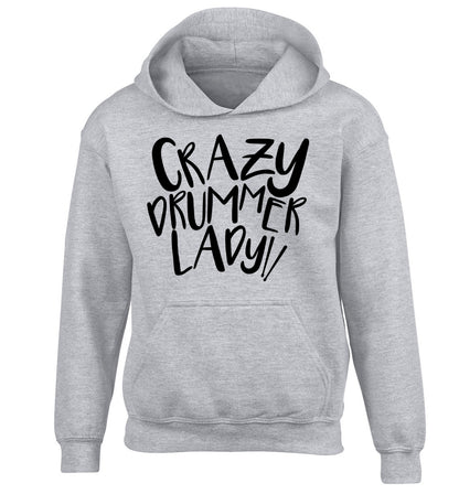 Crazy drummer lady children's grey hoodie 12-14 Years