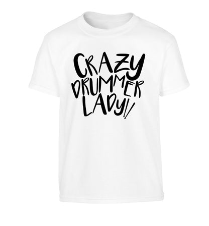 Crazy drummer lady Children's white Tshirt 12-14 Years