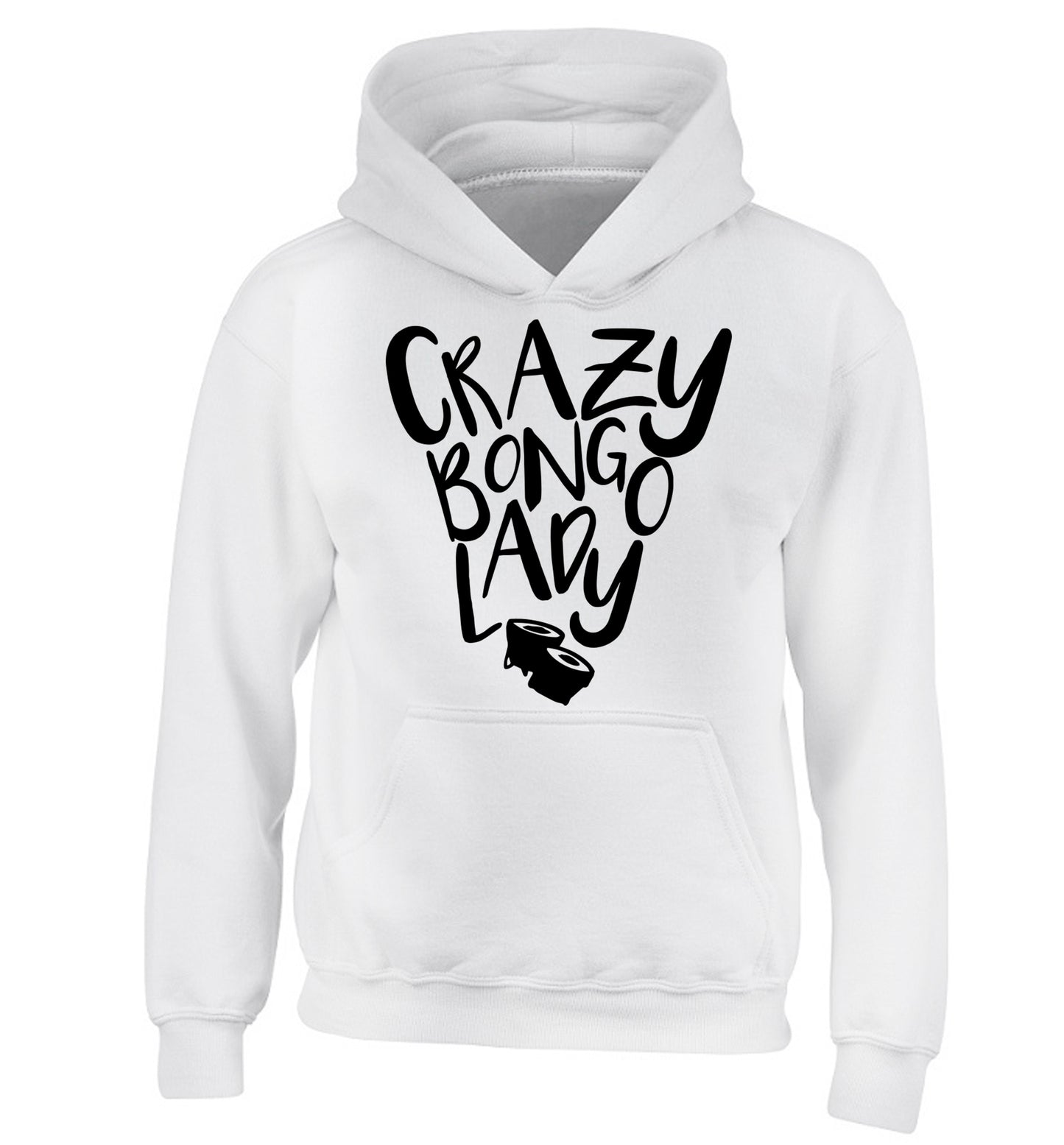 Crazy bongo lady children's white hoodie 12-14 Years