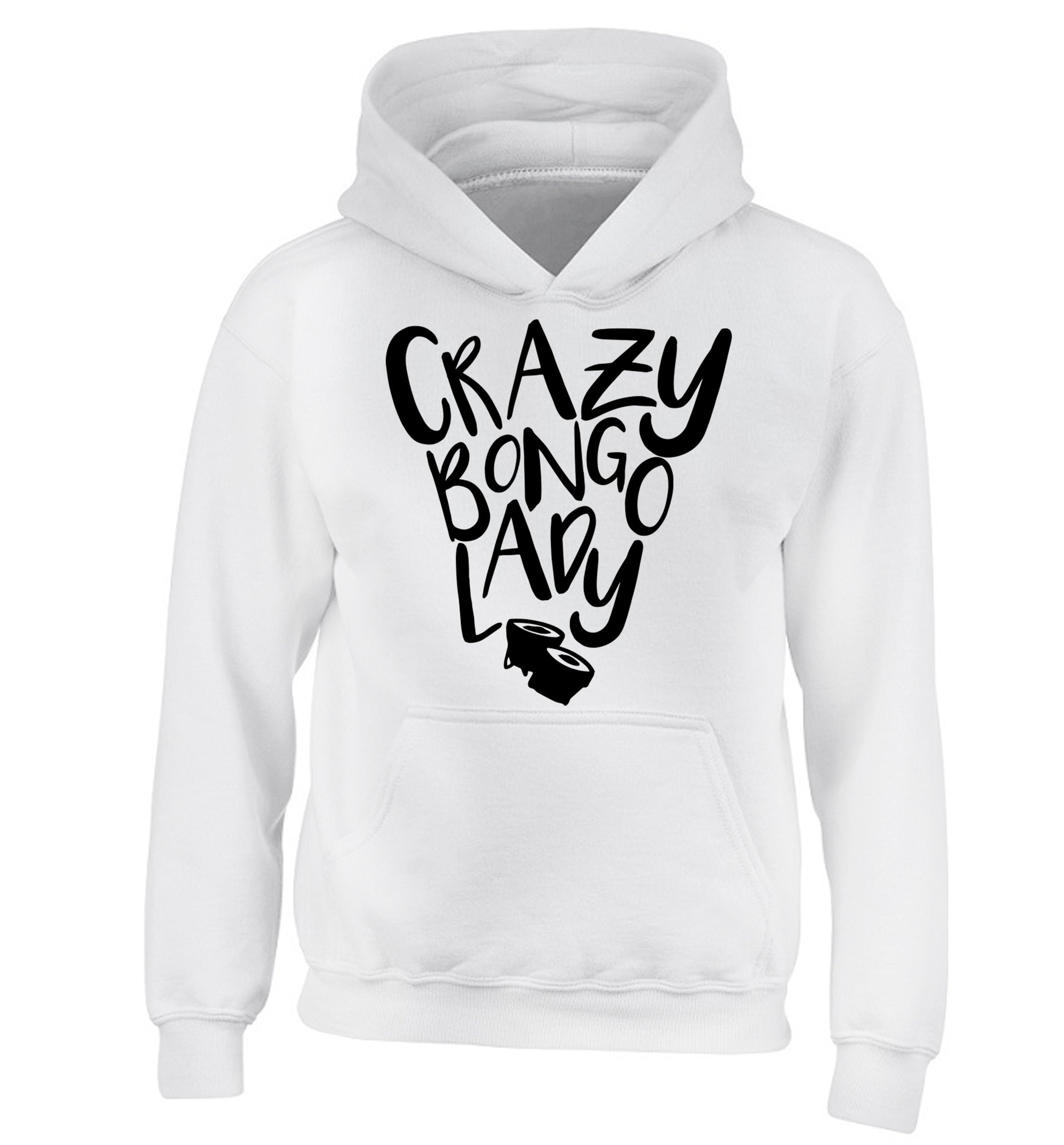 Crazy bongo lady children's white hoodie 12-14 Years
