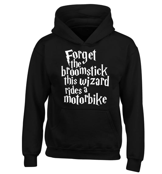 Forget the broomstick this wizard rides a motorbike children's black hoodie 12-14 Years