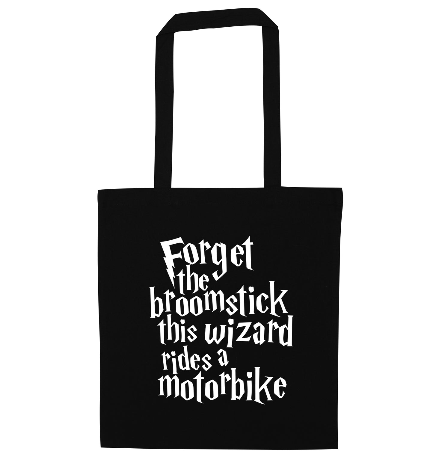 Forget the broomstick this wizard rides a motorbike black tote bag