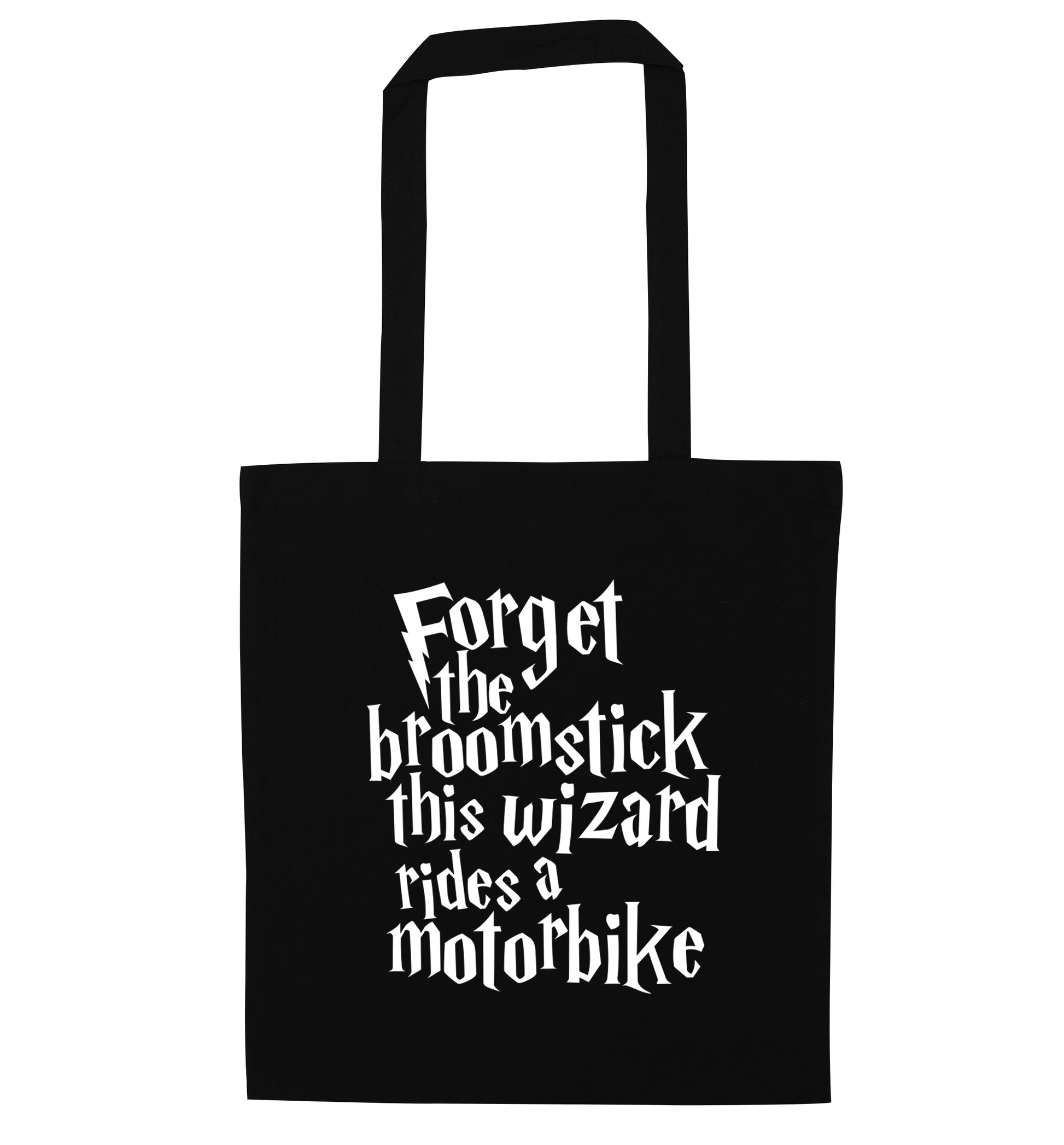 Forget the broomstick this wizard rides a motorbike black tote bag