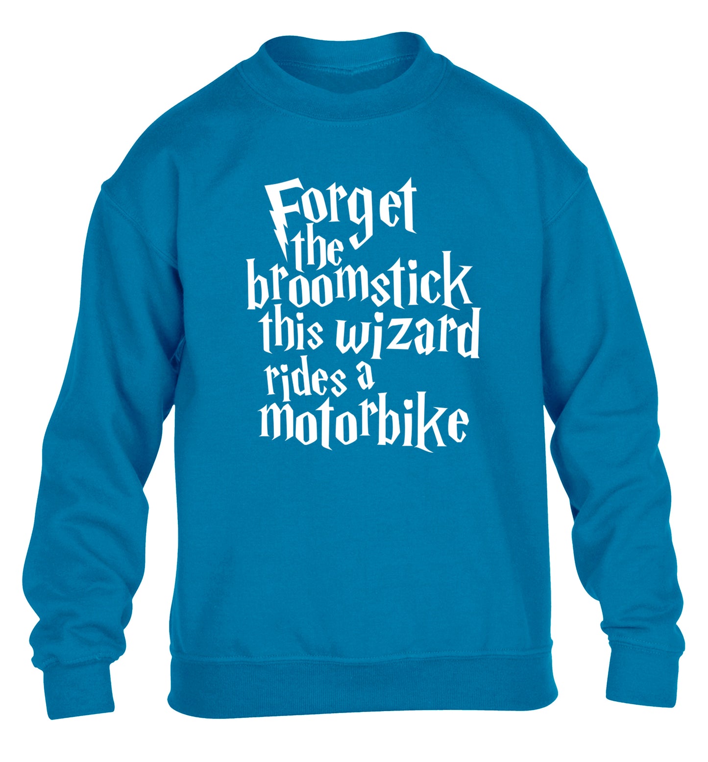 Forget the broomstick this wizard rides a motorbike children's blue sweater 12-14 Years