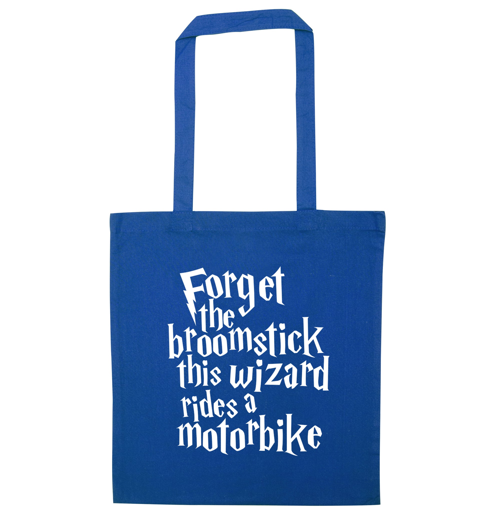 Forget the broomstick this wizard rides a motorbike blue tote bag