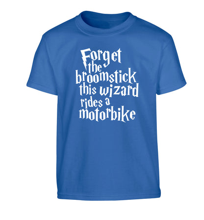 Forget the broomstick this wizard rides a motorbike Children's blue Tshirt 12-14 Years
