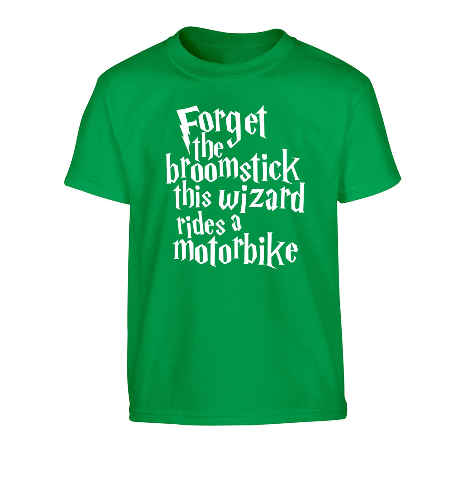 Forget the broomstick this wizard rides a motorbike Children's green Tshirt 12-14 Years