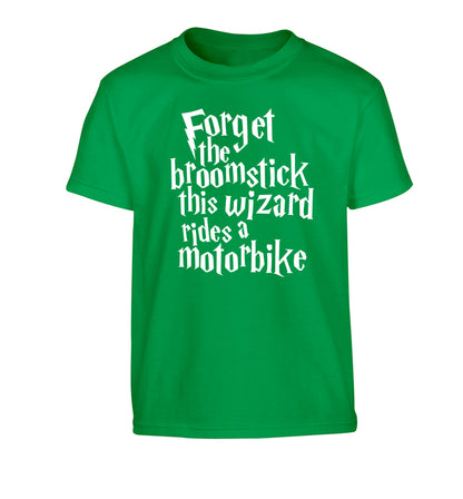 Forget the broomstick this wizard rides a motorbike Children's green Tshirt 12-14 Years