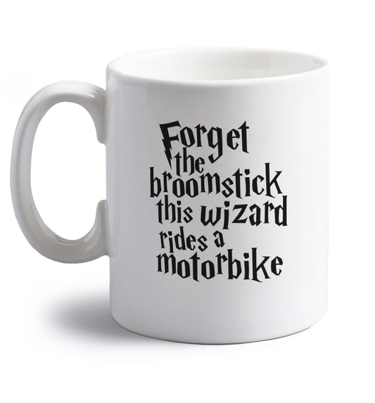 Forget the broomstick this wizard rides a motorbike right handed white ceramic mug 