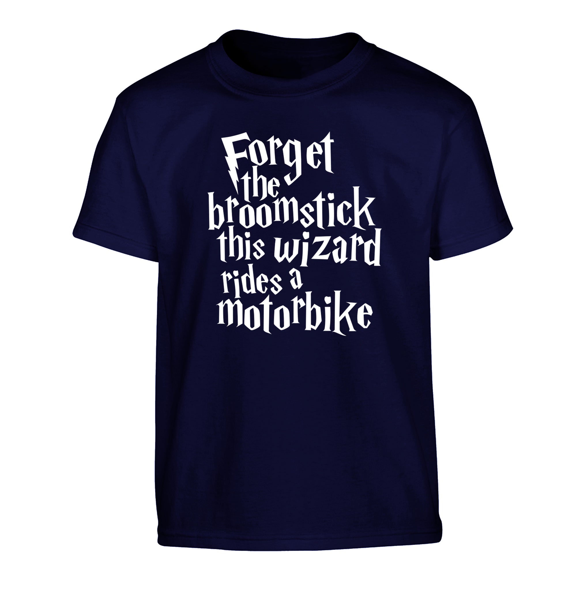 Forget the broomstick this wizard rides a motorbike Children's navy Tshirt 12-14 Years