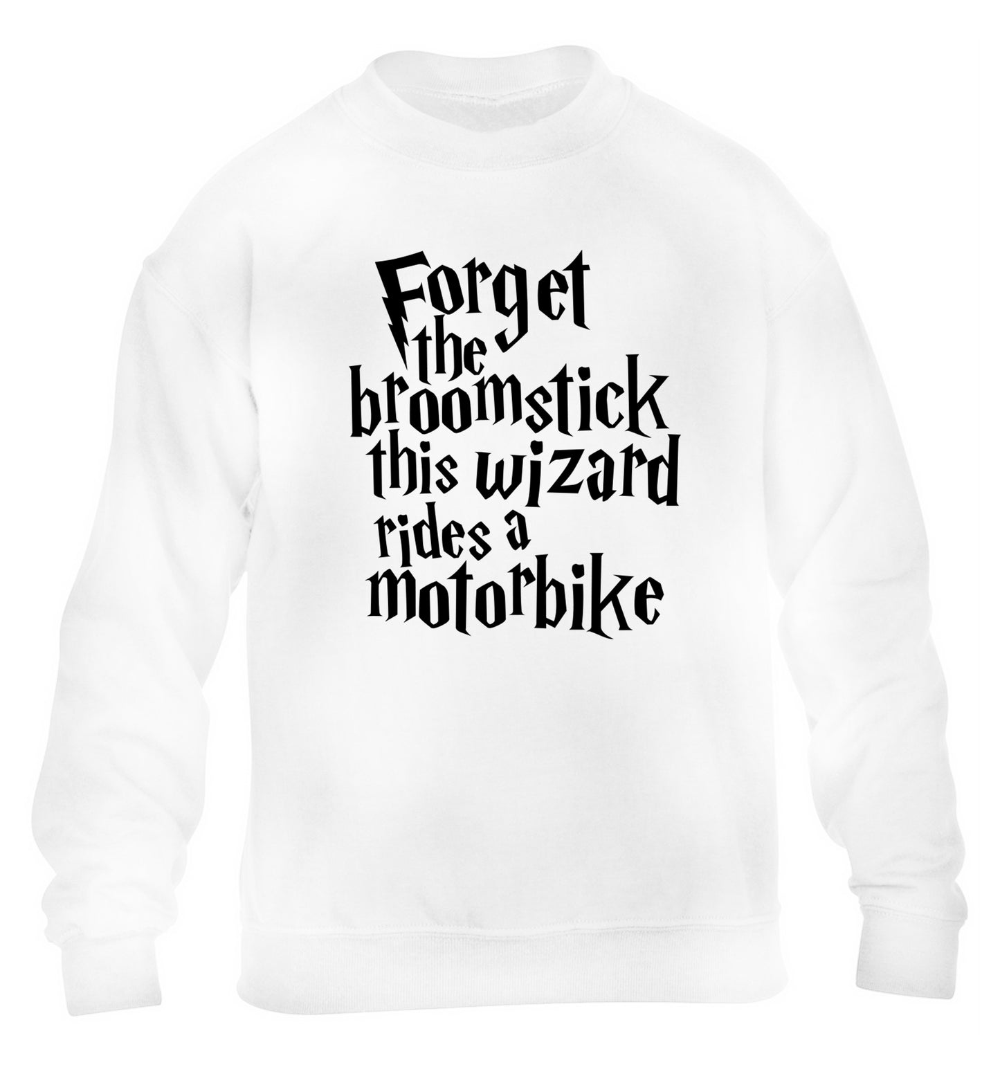 Forget the broomstick this wizard rides a motorbike children's white sweater 12-14 Years