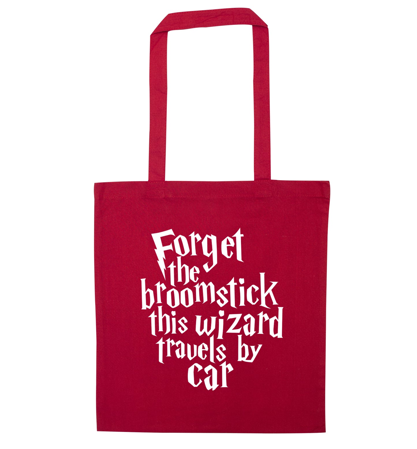 Forget the broomstick this wizard travels by car red tote bag