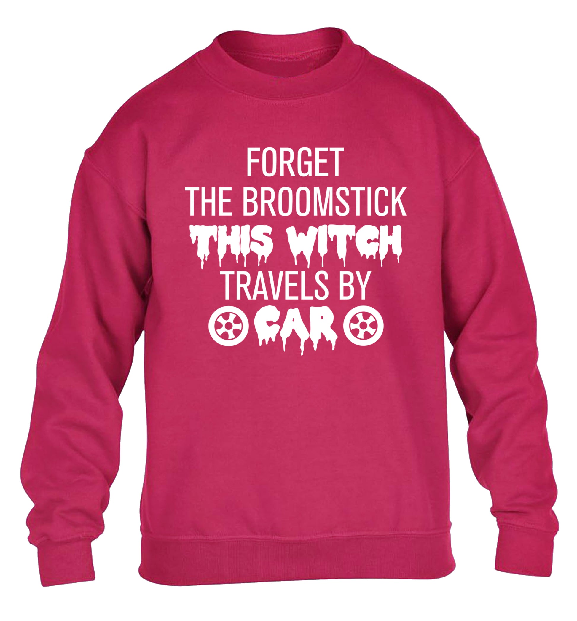 Forget the broomstick this witch travels by car children's pink sweater 12-14 Years