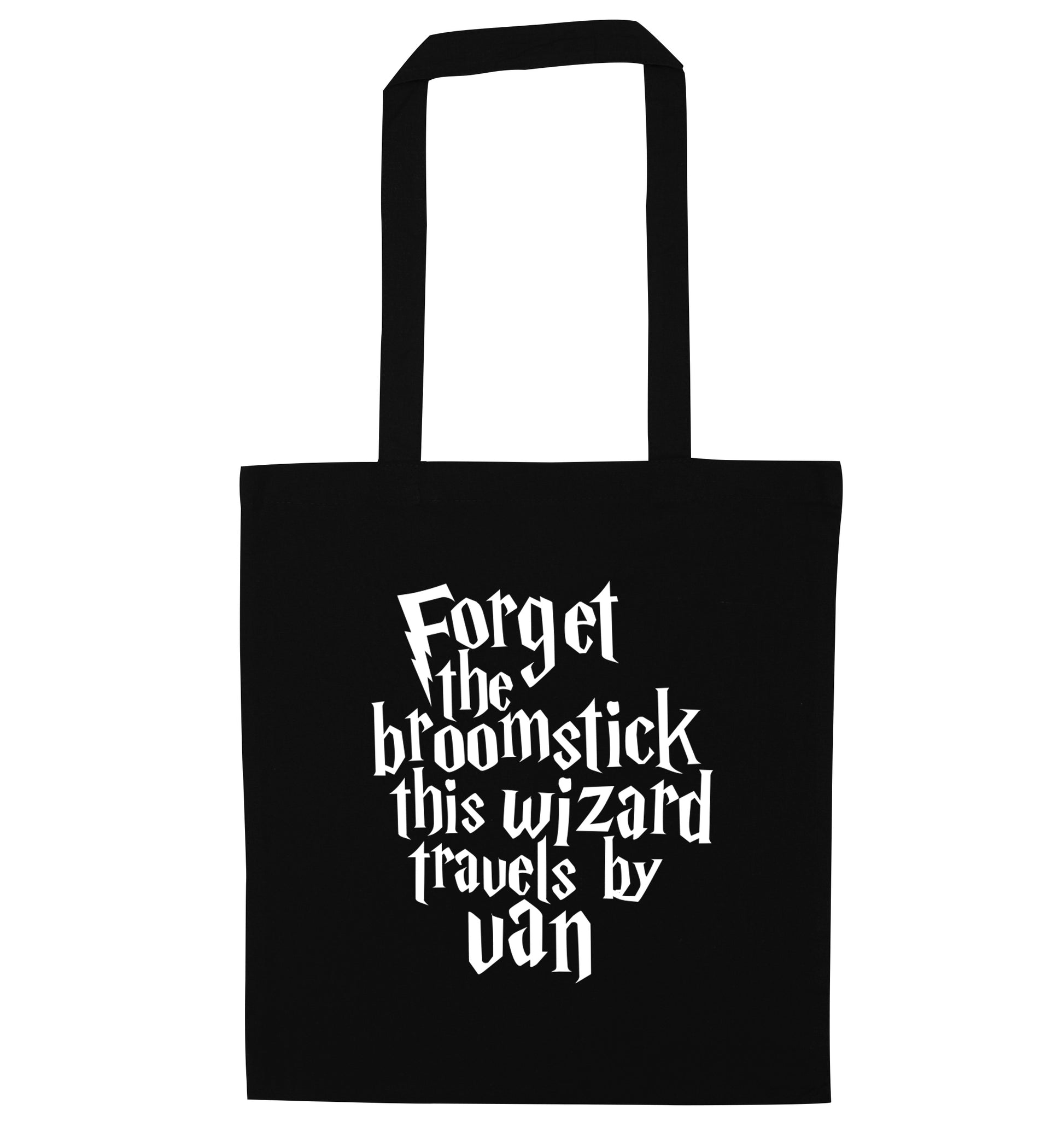 Forget the broomstick this wizard travels by van black tote bag