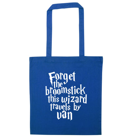 Forget the broomstick this wizard travels by van blue tote bag