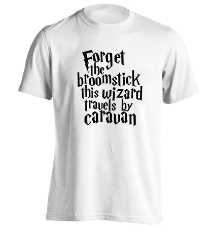 Forget the broomstick this wizard travels by caravan adults unisexwhite Tshirt 2XL