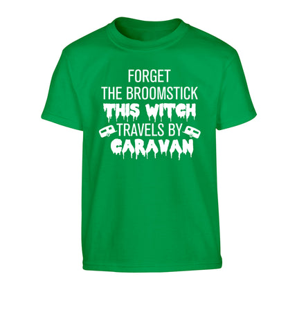 Forget the broomstick this witch travels by caravan Children's green Tshirt 12-14 Years
