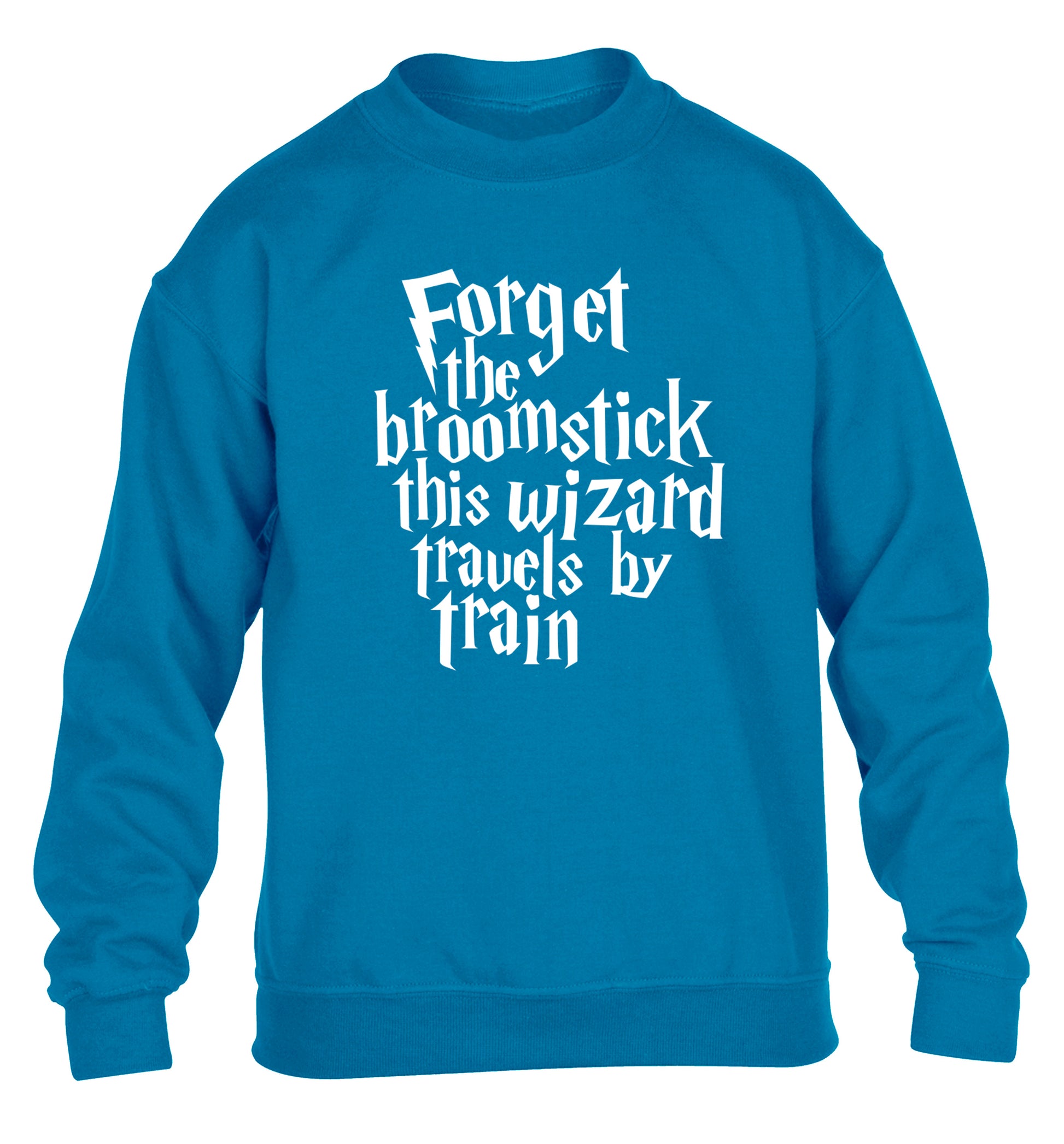 Forget the broomstick this wizard travels by train children's blue sweater 12-14 Years