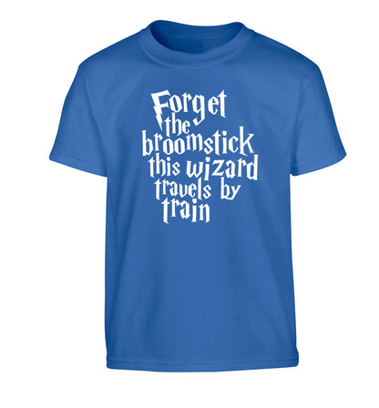 Forget the broomstick this wizard travels by train Children's blue Tshirt 12-14 Years